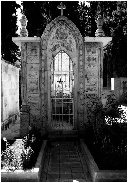 A cemetery in black and white